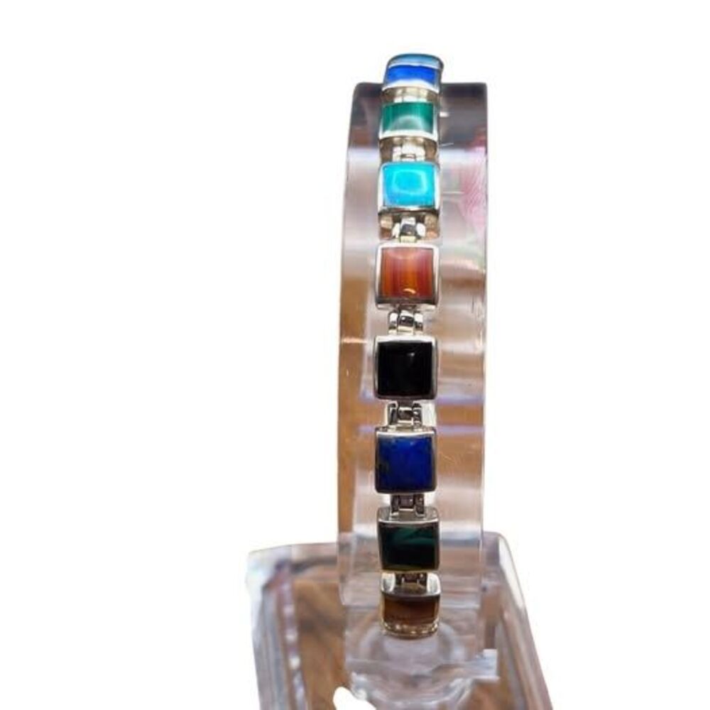 Sterling Silver Multi Stone Inlay Square Link Bracelet AD